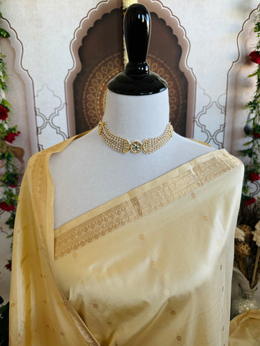 Lightweight Banarasi Katan Silk Saree | Beige | Gold Zari | Handwoven | Silk Mark Certified | Ships from California